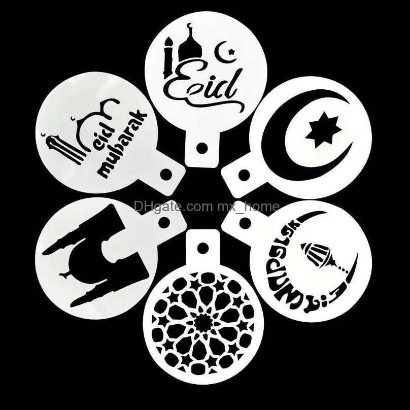 6pcs/set eid mubarak coffee mold cake cupcake stencil template barista cappuccino strew pad duster spray tools