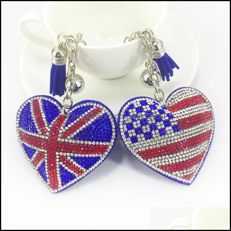 creative british and american flag pattern key rings with filled rhinestone fashion bag pendant ladies luggage car accessories 100 d3