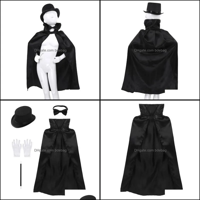 5pcs kids magician cosplay costume outfit cape hat magic wand gloves necktie set for role play halloween grand dress