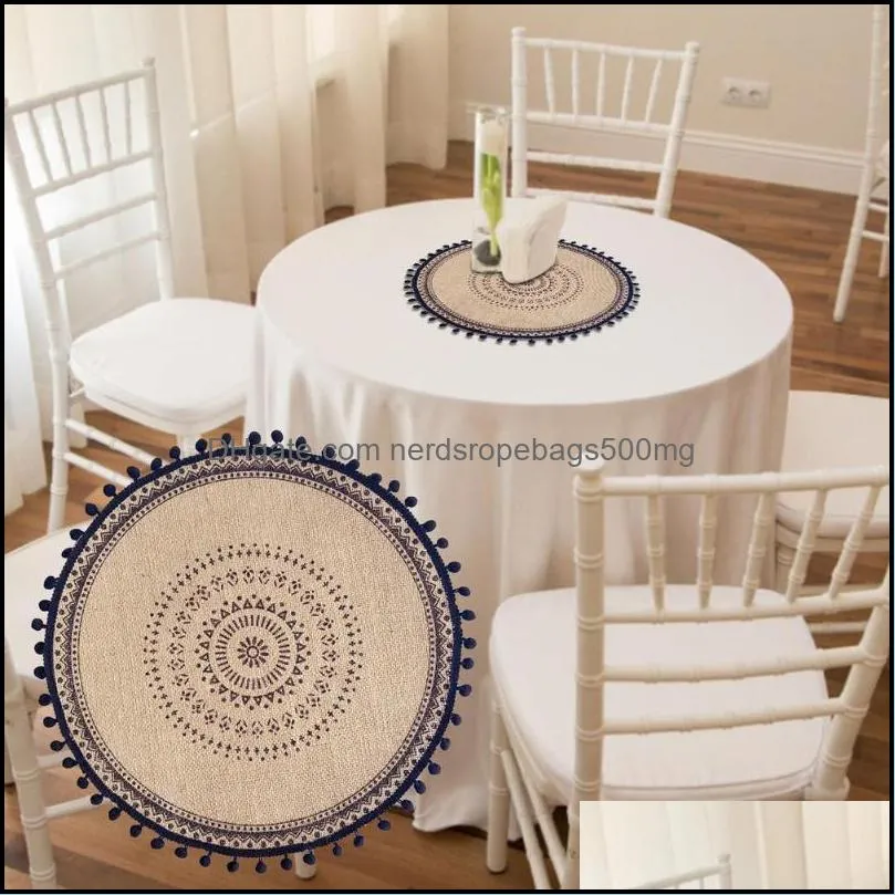 round table mat cotton linen placemat with delicate tassels decorative insulation non-slip 39cm