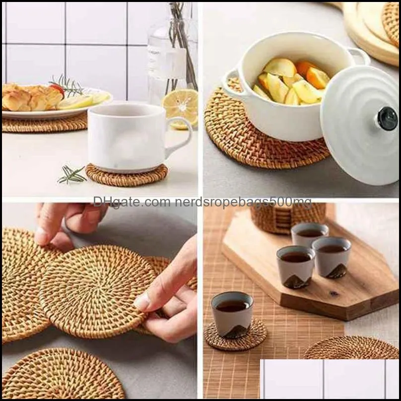 6 pcs round handmade braided table natural rattan placemat heat resistant farmhouse weave placemats for dining