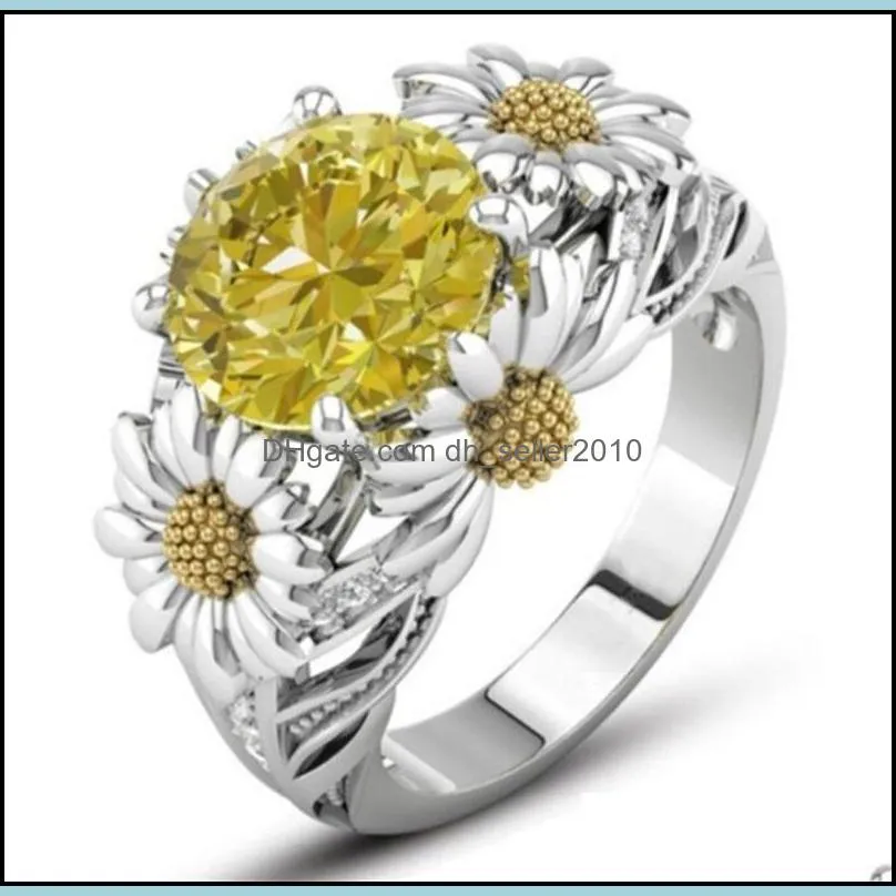 Sunflower Ring Color Zircon Gold Plated Gemstone Crystal Ring High End Jewelry European American Fashion Women Gift Wholesale 2Color 46