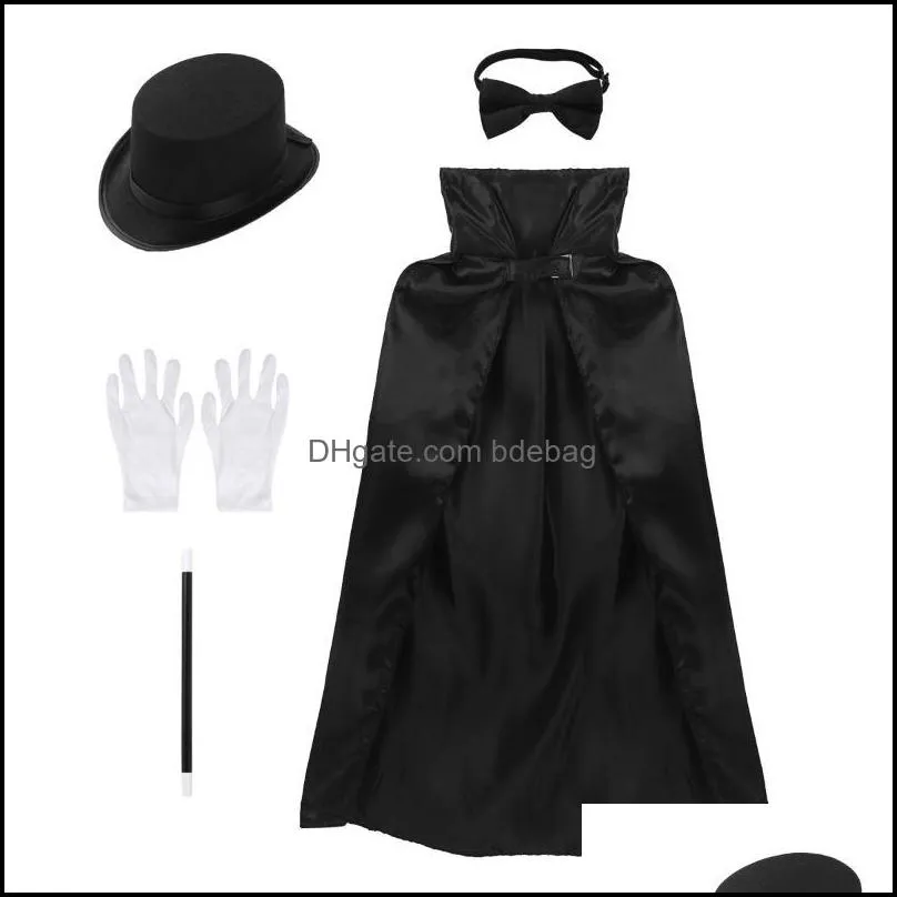 5pcs kids magician cosplay costume outfit cape hat magic wand gloves necktie set for role play halloween grand dress