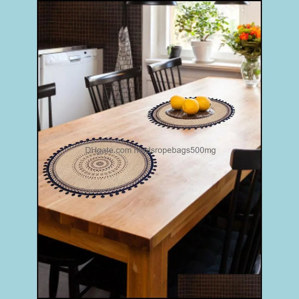 round table mat cotton linen placemat with delicate tassels decorative insulation non-slip 39cm