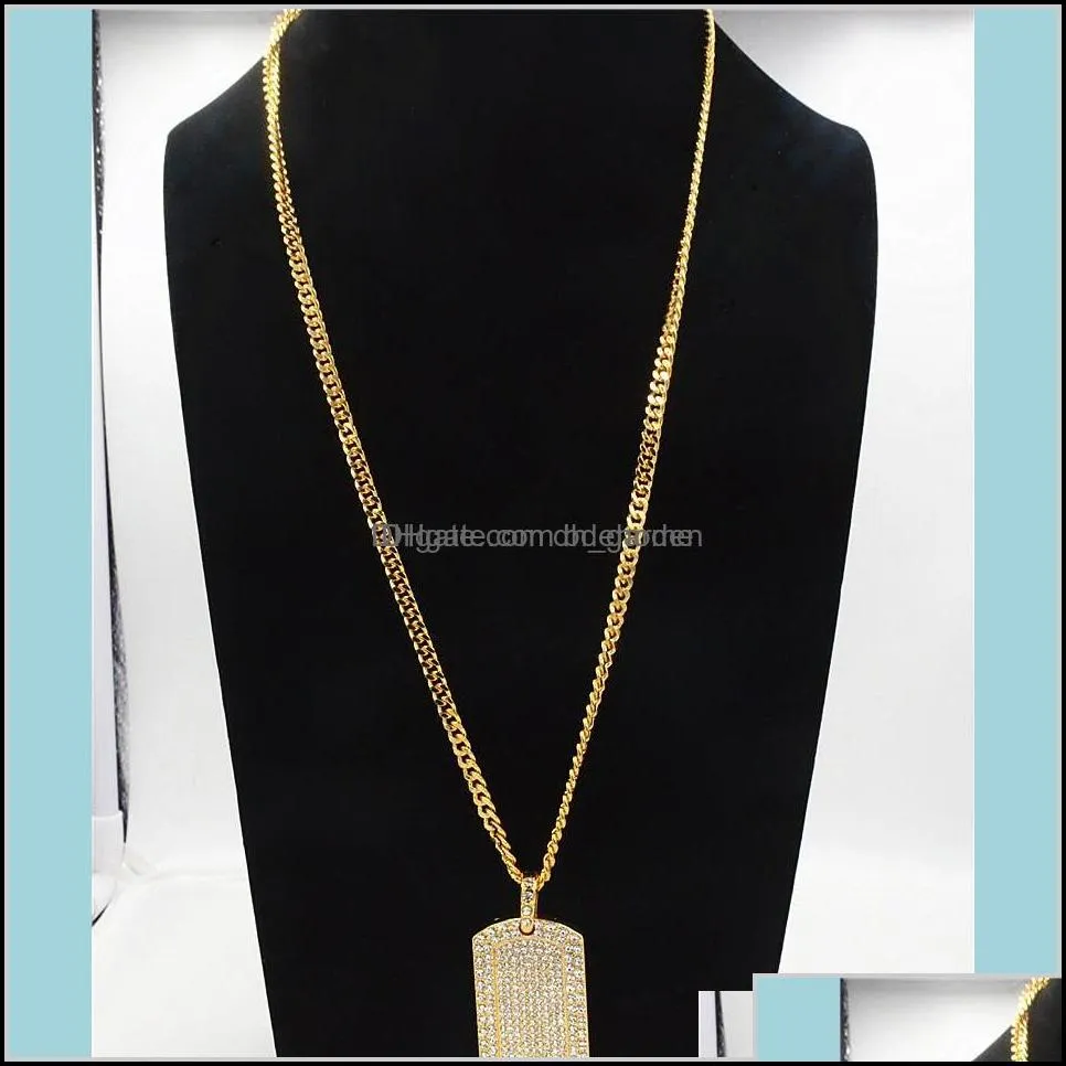 Mens Jewelry Vintage Filled Iced Out Rhinestone Gold Color Charm Square Dog Tag Necklace With Cuban Chain Hip Hop Bam2H Necklaces