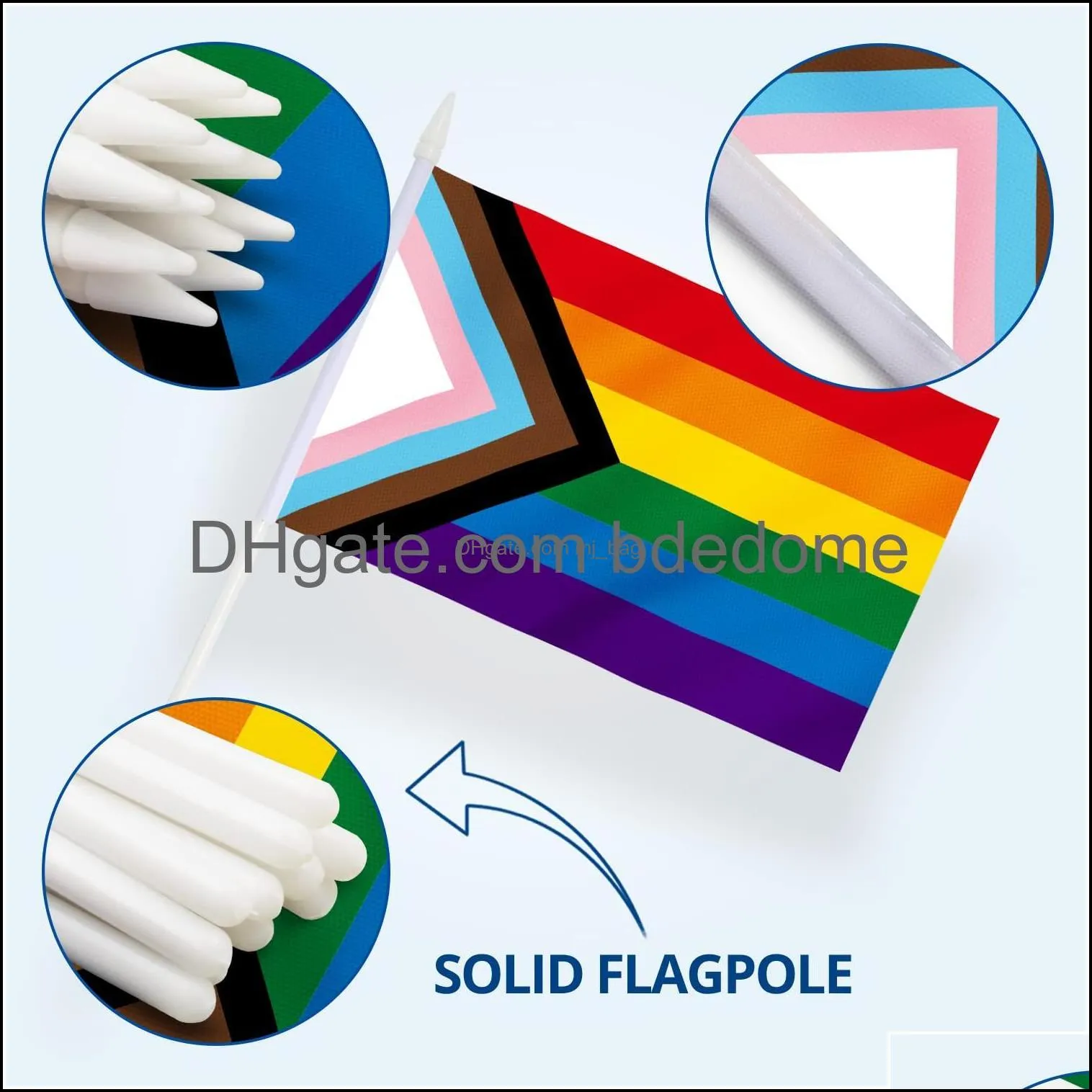 Banner Flags Anley Progress Rainbow Pride Mini Flag Hand Held Small Miniature Transgender On Stick Fade Resistant Vivid Colors 5x8 In