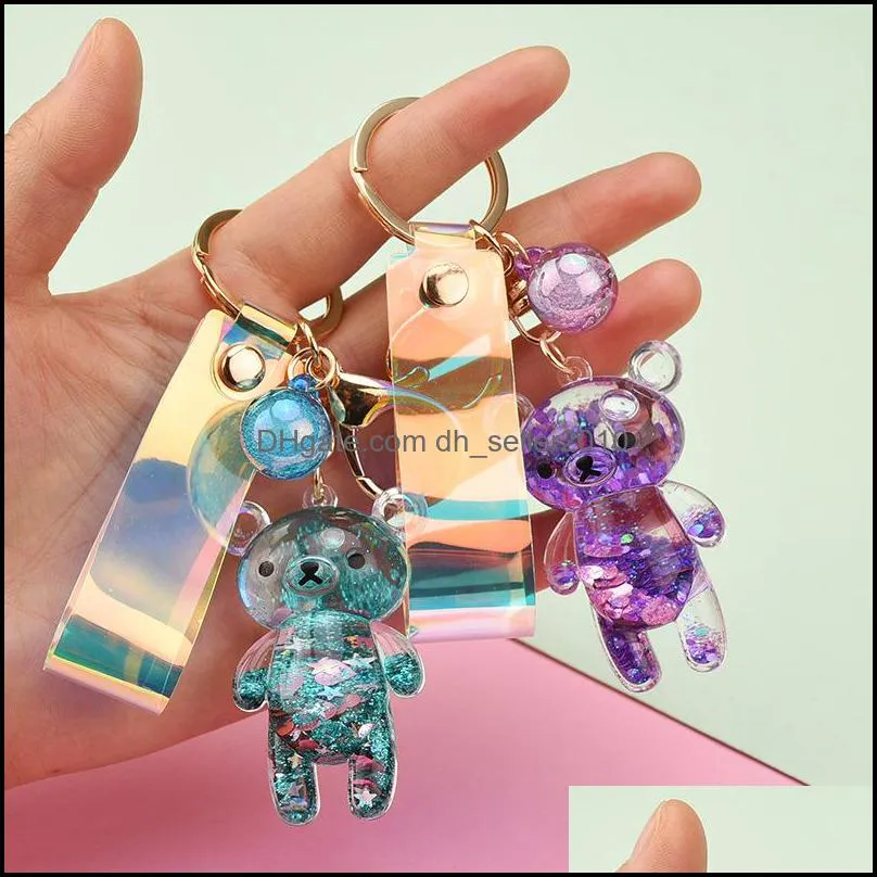 liquid keyring glitter bear quicksand keyring acrylic key fob backpack pendant couples women men boyfriend friend keychains gift c3