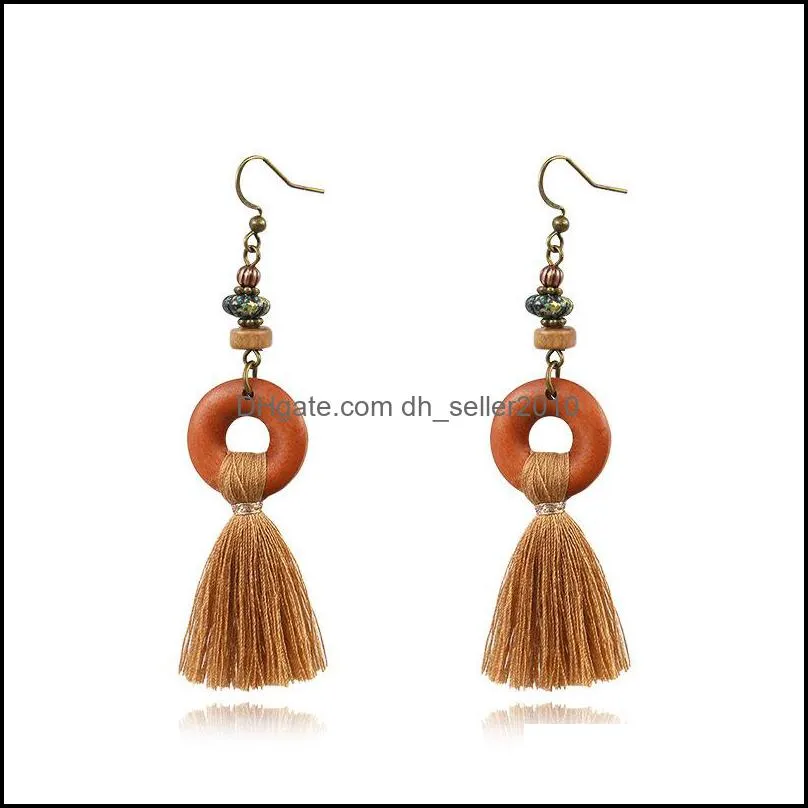 bohemian fringe tassel dangle earrings for women ethnic green yellow color drop earing geometric wood wooden earring jewelry c3