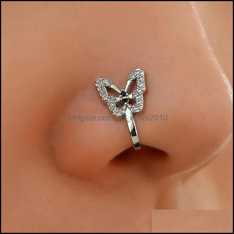 bling bling crystal butterfly fake piercing nose rings punk creative non piercing clip nose ring ear clip nose cuff body jewelry