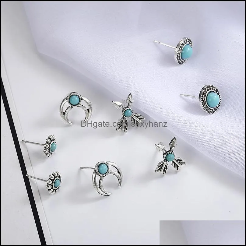 Vintage silver turquoise crescent arrow statement earrings set 4pcs/set bohemian cross shape stud earring promotioal jewelry set