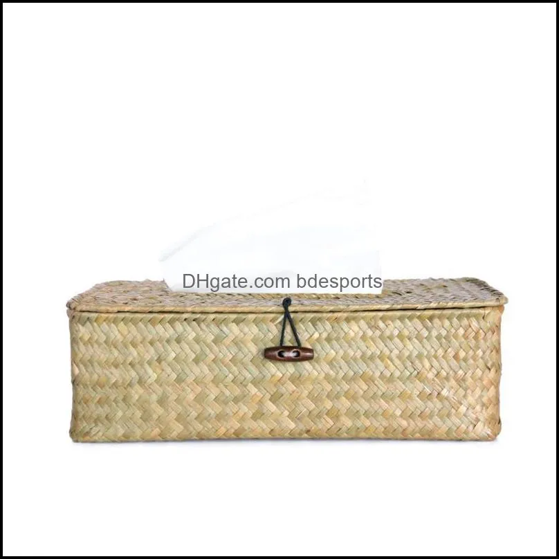 woven rattan rectangular box cover paper towel napkin storage holder case
