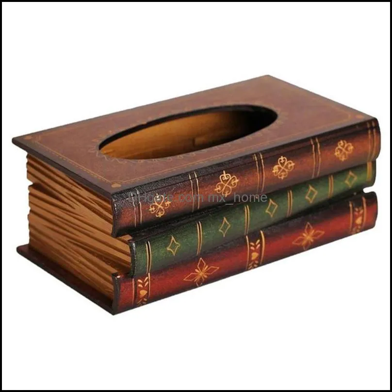 retro wood book shape box rectangle napkin paper holder ring storage case