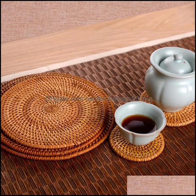 8/10/13/16/18/20cm natural rattan bamboo round cup mat dining table manual insulation kitchen decoration accessories