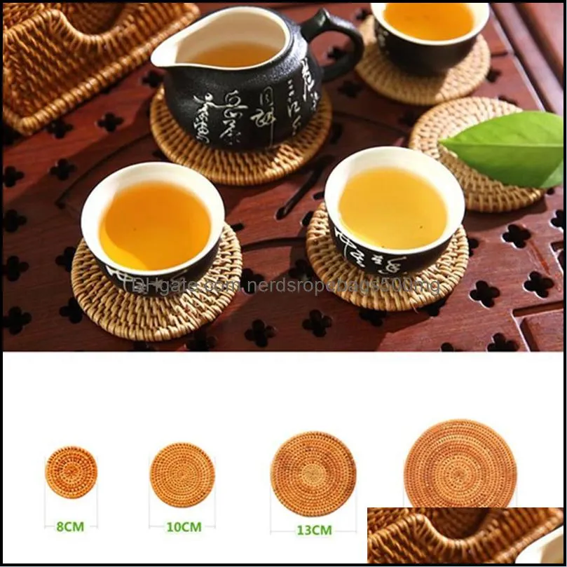 8/10/13/16/18/20cm natural rattan bamboo round cup mat dining table manual insulation kitchen decoration accessories