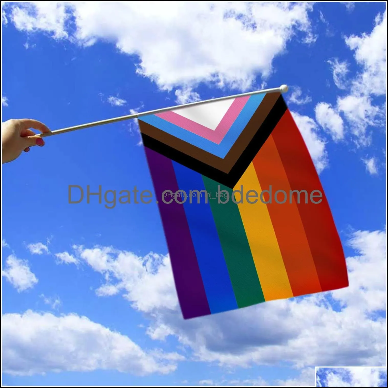 Banner Flags Anley Progress Rainbow Pride Mini Flag Hand Held Small Miniature Transgender On Stick Fade Resistant Vivid Colors 5x8 In