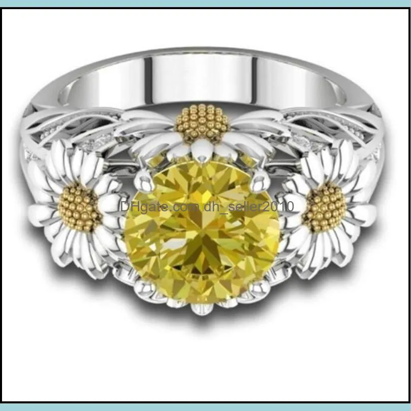 Sunflower Ring Color Zircon Gold Plated Gemstone Crystal Ring High End Jewelry European American Fashion Women Gift Wholesale 2Color 46