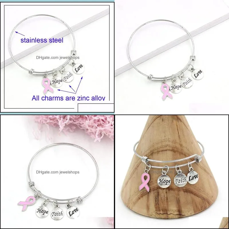 new arrival stainless steel wire bangle hope faith breast cancer charm bracelets for women awarenesss jewelry