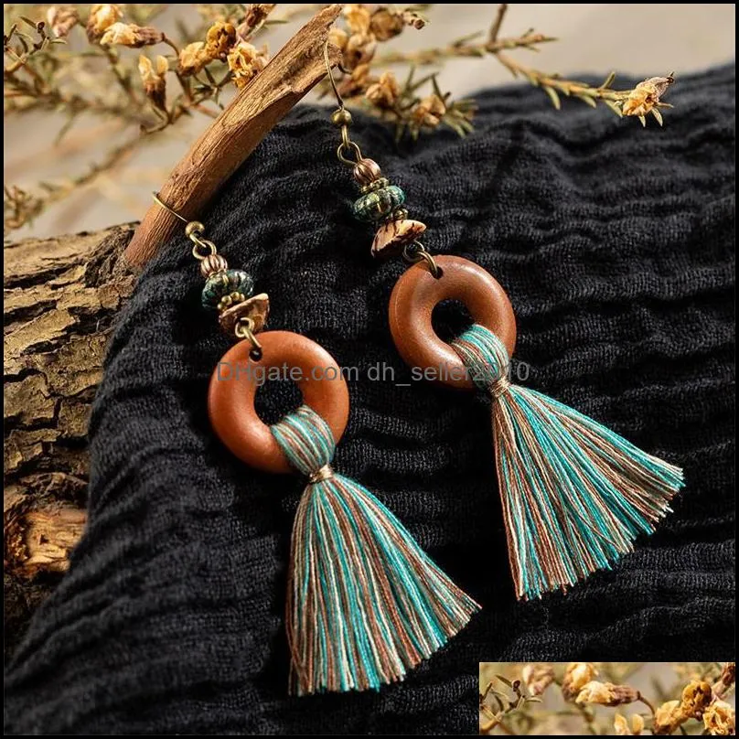 bohemian fringe tassel dangle earrings for women ethnic green yellow color drop earing geometric wood wooden earring jewelry c3