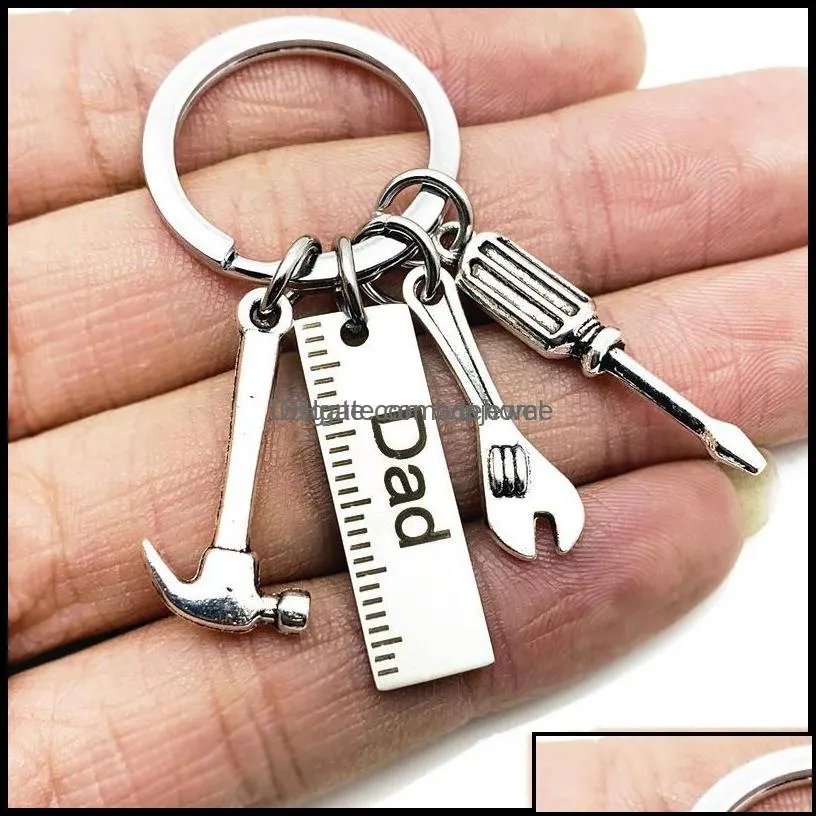 Key Rings Jewelry Personalized Diy Stainless Steel Keychain Engraved Dad Papa Grandpa Hammer Screwdriver Wrench Tools Fathers Day Drop