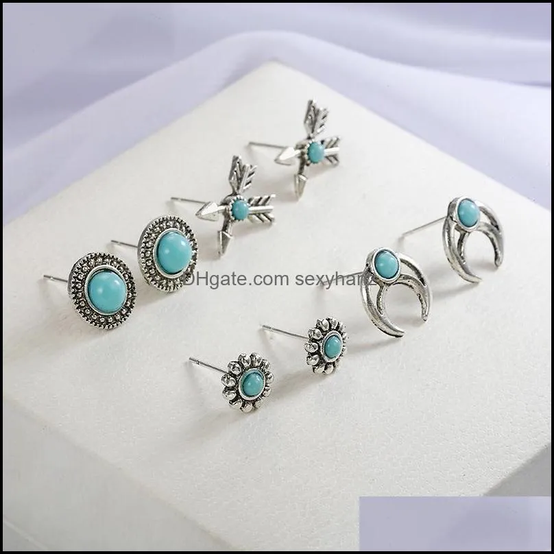 Vintage silver turquoise crescent arrow statement earrings set 4pcs/set bohemian cross shape stud earring promotioal jewelry set