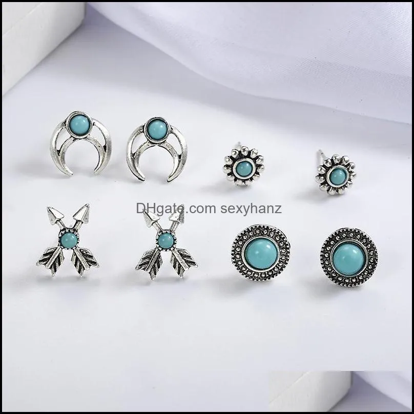 Vintage silver turquoise crescent arrow statement earrings set 4pcs/set bohemian cross shape stud earring promotioal jewelry set