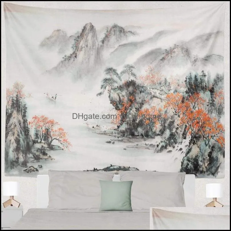 Tapestries Mountain Tapestry Wall Hanging Decorative Pink Cherry Chinese Landscape Japanese Blossom For Bedroom Living Room