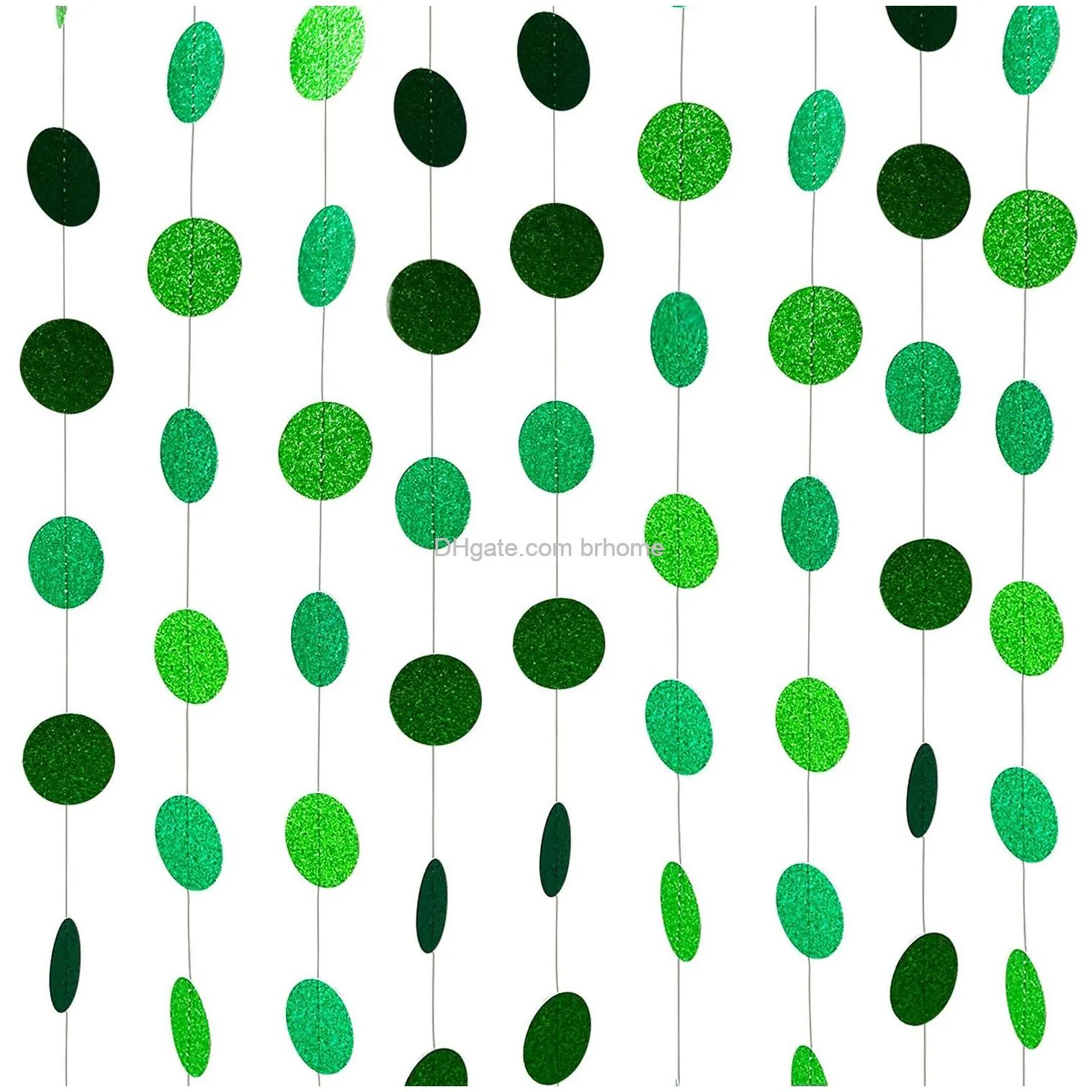 glitter green paper garland circle dot party banner hanging streamer backdrop decorations for green theme party st patricks day wedding birthday baby shower party supplies 40 feet