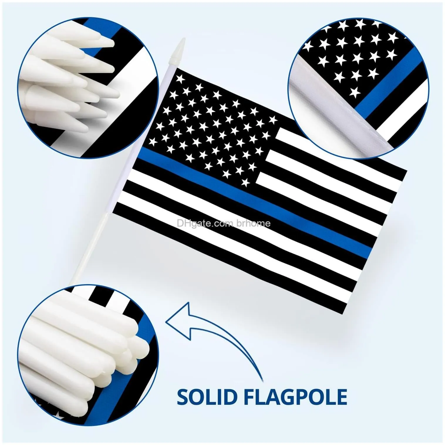 thin blue line usa mini flag hand held small miniature honoring law enforcement officers flags on stick fade resistant vivid colors 5x8 inch with solid pole spear top