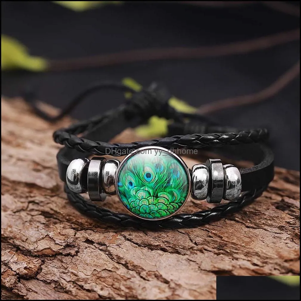 Handmade Peacock Pattern Glass Dome Leather Bracelet for Women Men Buddhism Multilayer Om Yoga Bracelet Trendy Jewelry Gift