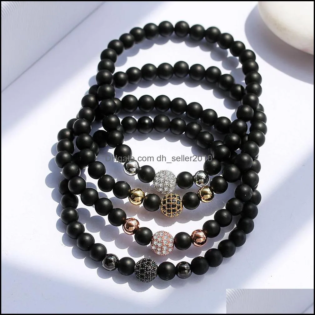 6mm Matte Black Natural Stone Beads Elastic Bracelet Fashion Sliver Gold Color Copper Beads Jewelry Charm For Men Women