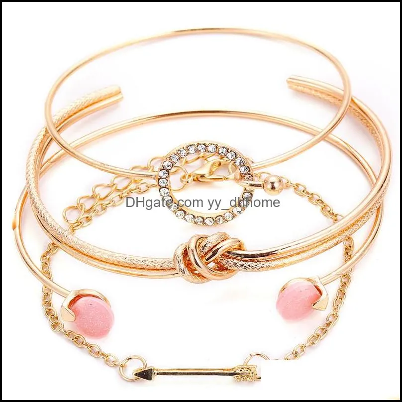 4Pcs/set multilayer knot arrow crystal open cuff bracelet set for women silver gold plating adjustable wire bangle fashion jewelry set