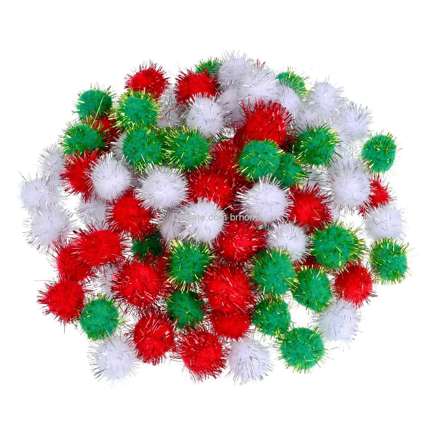 christmas pom poms glitter pom decor for arts crafts diy green white and red 25 mm 