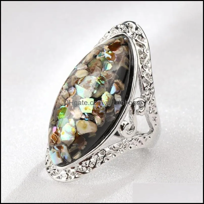 4 Color Pickable Antique Silver Fantasy Color Big Oval Shell Finger Ring for Women Female Boho Beach Jewlery Gift