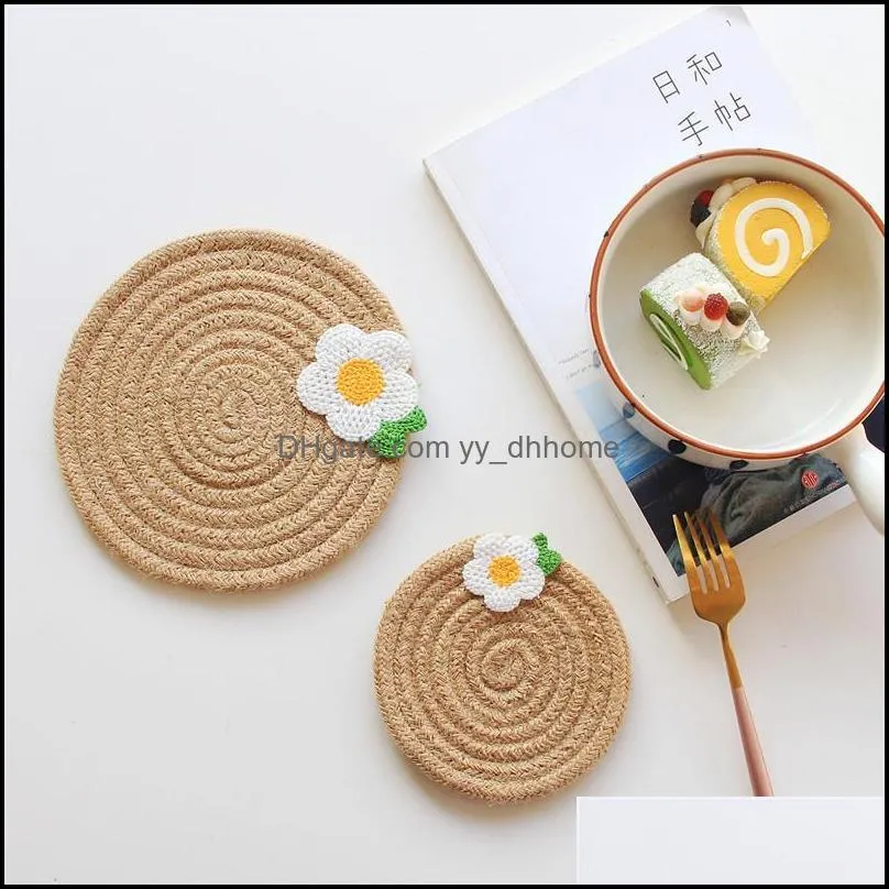 Japanese Style Heat Insulation Pad INS Small Flower Round Placemat Cotton Thread Woven Pot Bowl Kithen Table Decor