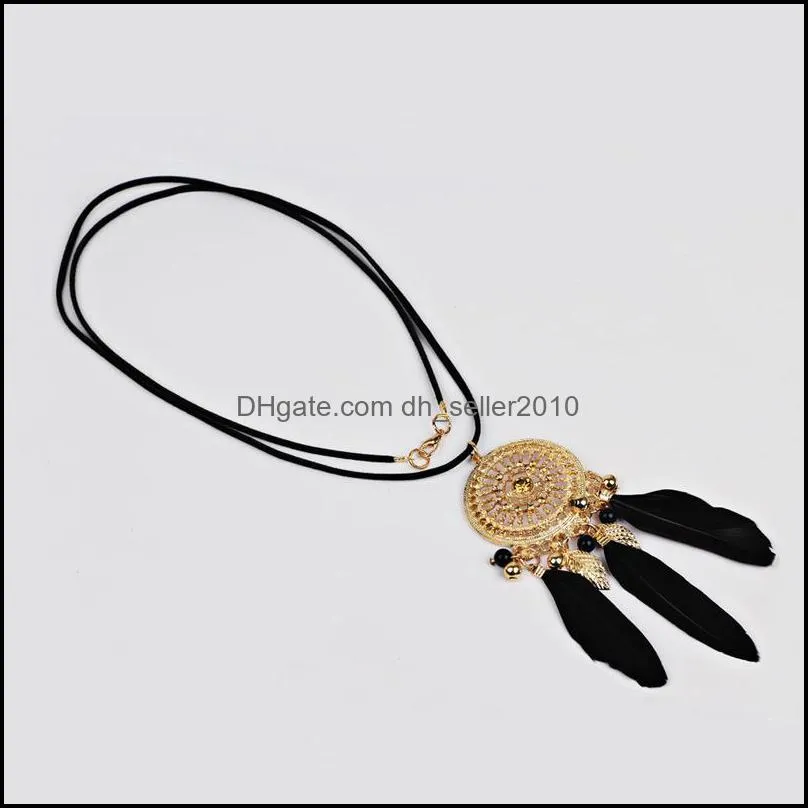 Sliver Hollow Dream Catcher Tassel Pendant Necklace For Women Elegant Red Black Feather Bohemian Style Jewelry Gift