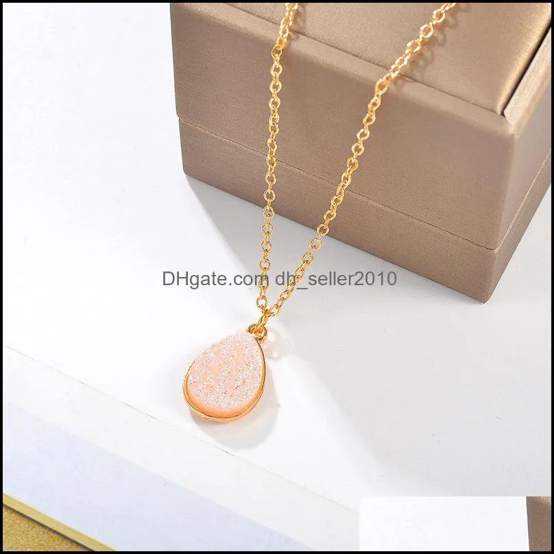 teardrop resin stone crystal druzy pendant necklace for women gold plating white pink blue necklace fashion jewelry