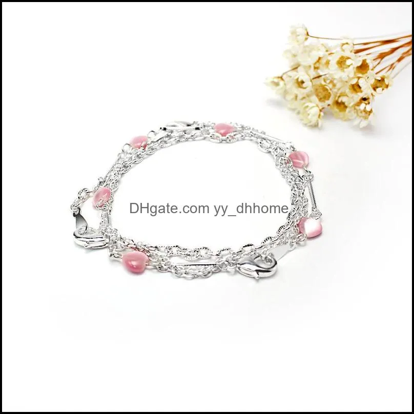 New 3Pcs/Set Pink Color Opal Heart Charm Bracelet Set for Women Elegant Silver Multilayer Love Chain Bracelet Fashion Jewelry Party