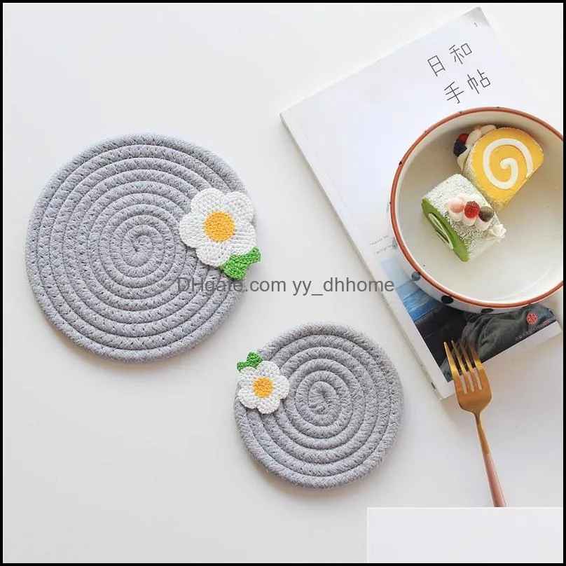 Japanese Style Heat Insulation Pad INS Small Flower Round Placemat Cotton Thread Woven Pot Bowl Kithen Table Decor