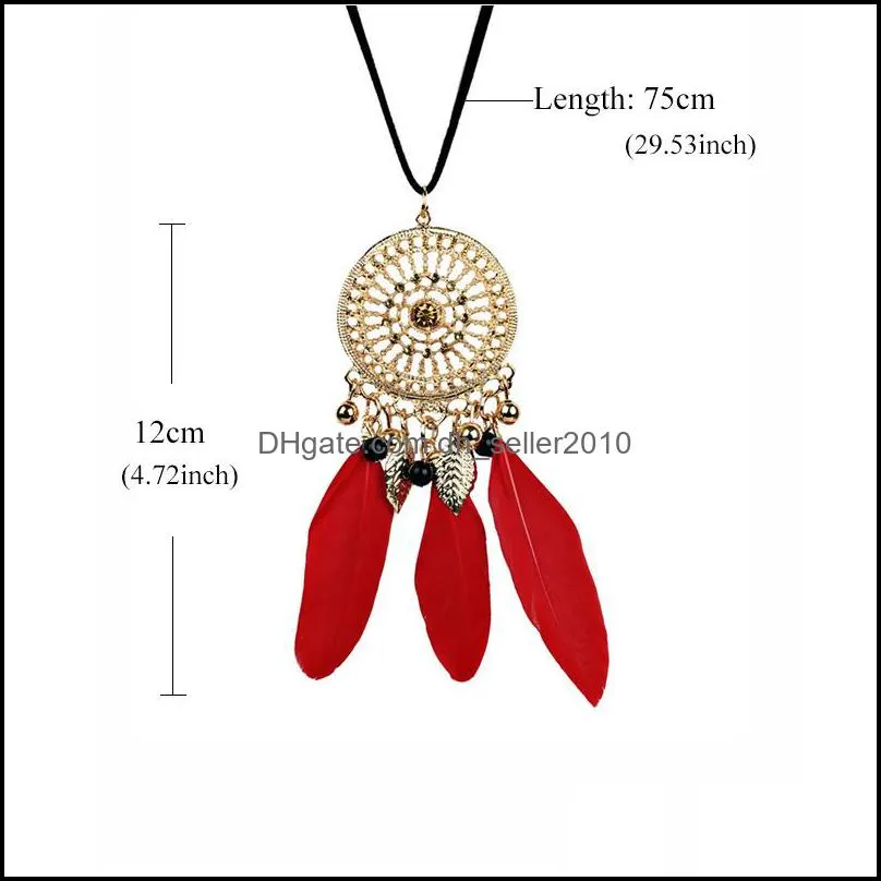 Sliver Hollow Dream Catcher Tassel Pendant Necklace For Women Elegant Red Black Feather Bohemian Style Jewelry Gift