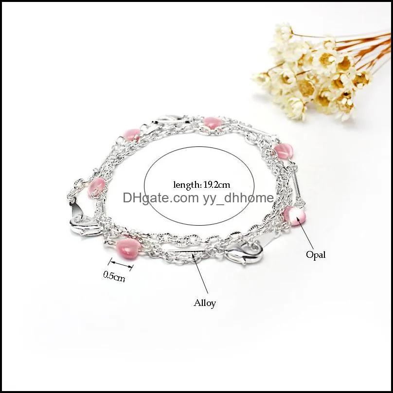 New 3Pcs/Set Pink Color Opal Heart Charm Bracelet Set for Women Elegant Silver Multilayer Love Chain Bracelet Fashion Jewelry Party
