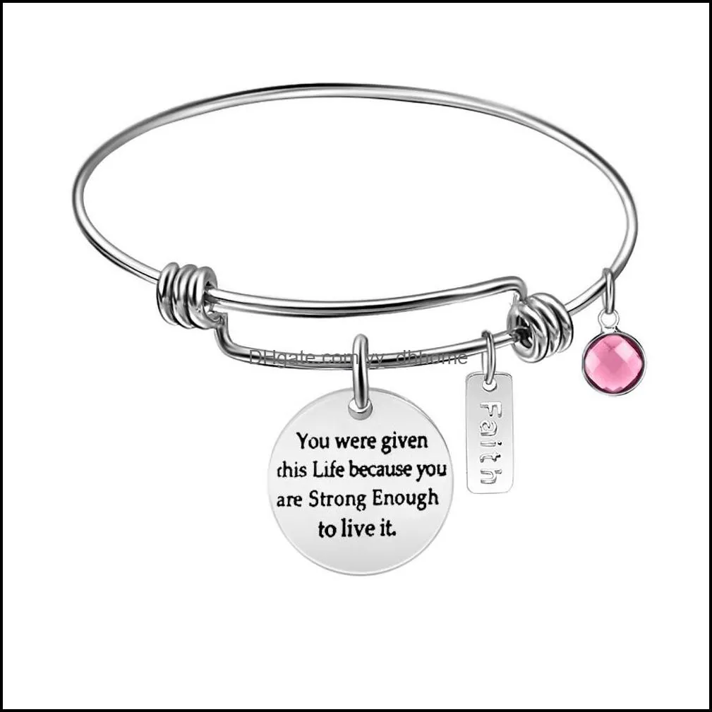 Inspirational Faith Pink Birthstone Pink Charm Bracelet Bangle for Women 60mm Expandable Stainless Steel Size Wire Bangle