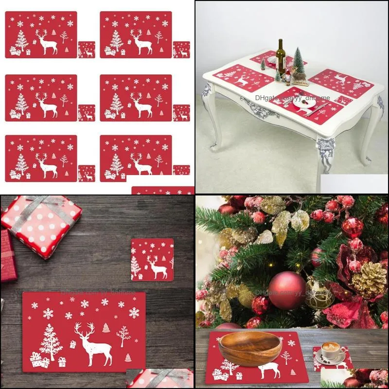 Rectangular 12Pcs Excellent Red Christmas Elk Placemat Style Cup Mat Heat-resistant For Family Gathering