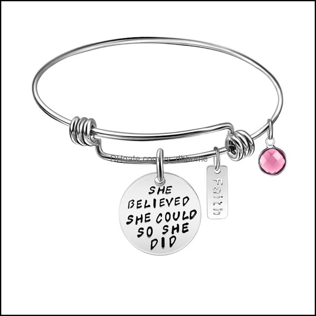 Inspirational Faith Pink Birthstone Pink Charm Bracelet Bangle for Women 60mm Expandable Stainless Steel Size Wire Bangle