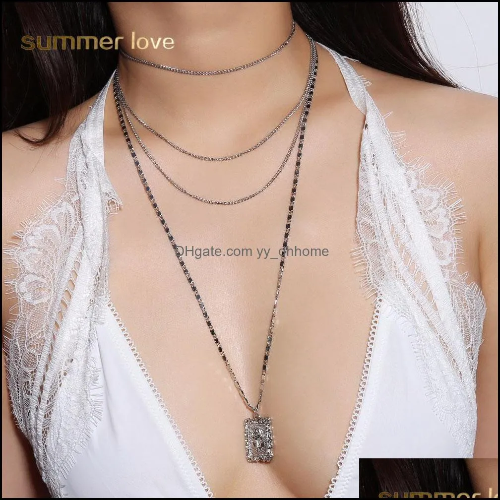 multi layers choker rectangle rose flower pendant charms necklace for women clavicle chains fashion european bar jewelry wholesale