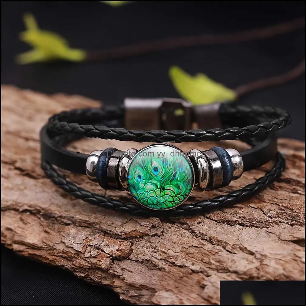 Handmade Peacock Pattern Glass Dome Leather Bracelet for Women Men Buddhism Multilayer Om Yoga Bracelet Trendy Jewelry Gift