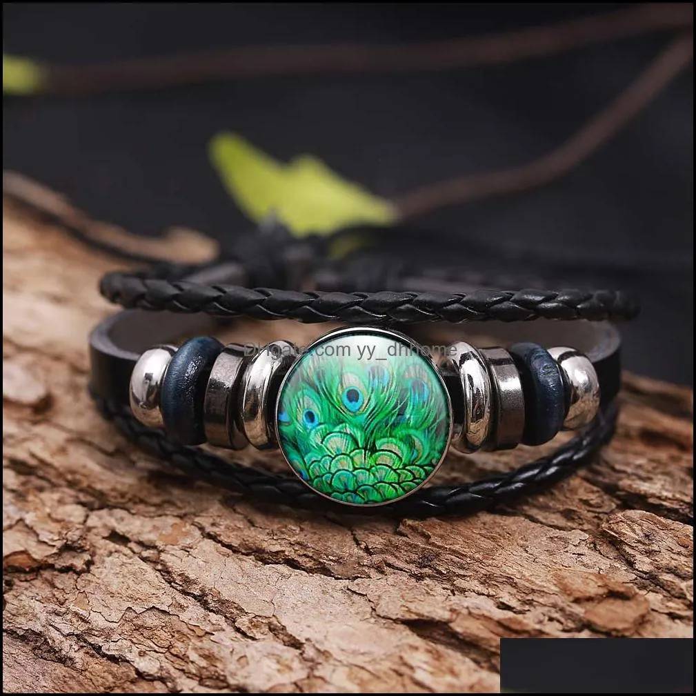 Handmade Peacock Pattern Glass Dome Leather Bracelet for Women Men Buddhism Multilayer Om Yoga Bracelet Trendy Jewelry Gift