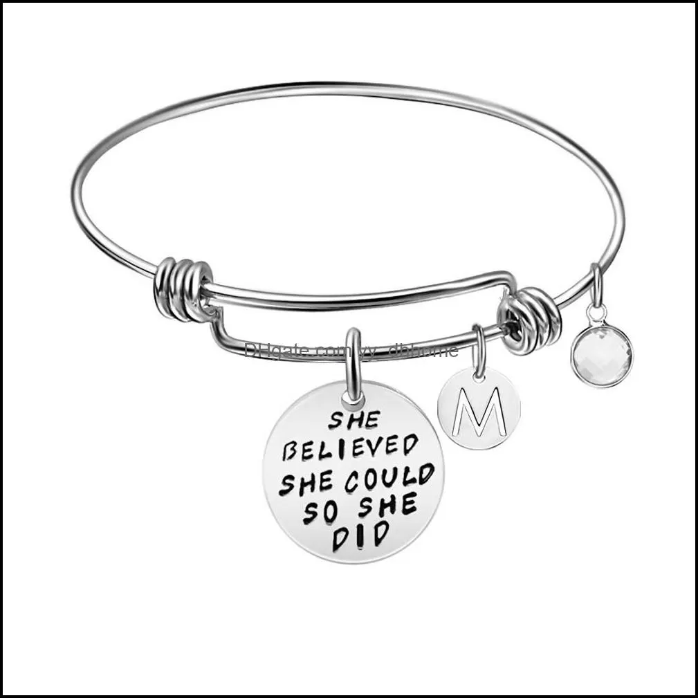 Stainless Steel Inspirational 26 Intial Letter Birthday Pendant Charm Bracelet for Women Men 60mm Expandable Wire Bangle