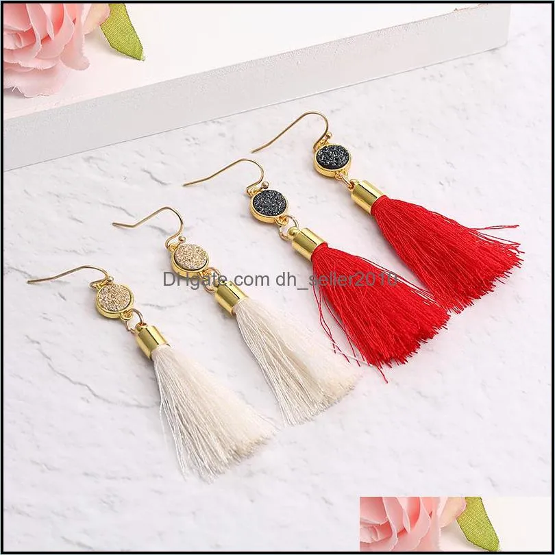 Boho Fashion Colorful Statement Tassel Dangle Earrings For Women Resin Druzy Stone Pendant Gold Plated Hook Long Dangle Earrings Jewelry