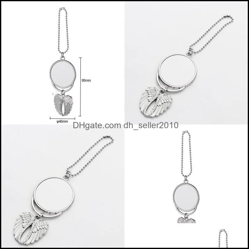 Plated Silver Metal Cars Ornaments Kirsite Hanging Charm Sublimation Blanks Angel Wing Circular Automobile Pendant 4 8mo J2