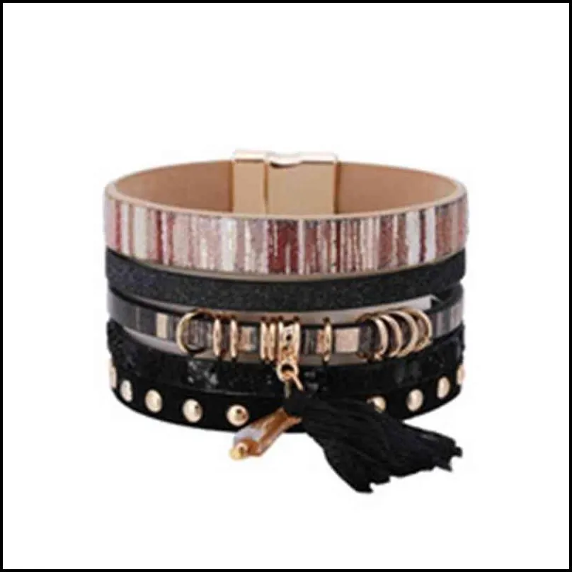 bomemia style magnetic clasp leopard leather wrap bracelet multilayer wide leather tassel cuff bracelet